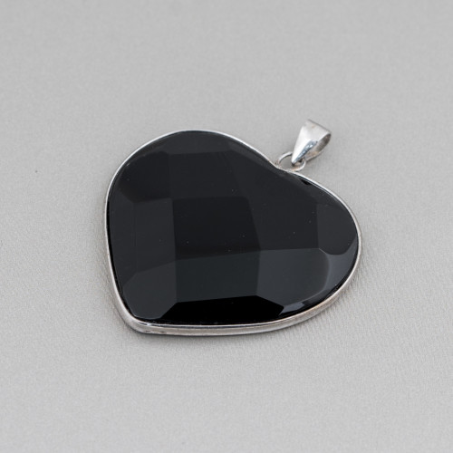 Pendentif en Argent 925 et Onyx Coeur Plat Facetté 30mm