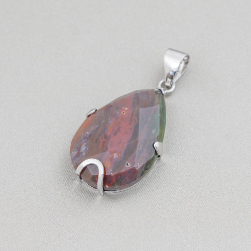 Pendant of 925 Silver and Semi-precious Stones Faceted Flat Drop 20x30mm - Indian Agate