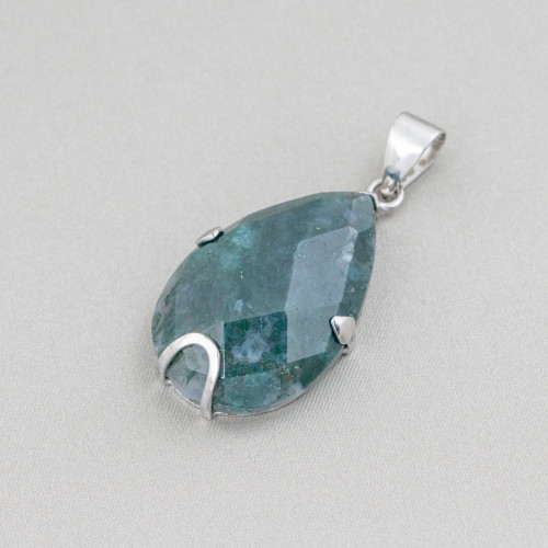 Pendant of 925 Silver and Semi-precious Stones Faceted Flat Drop 20x30mm - Moss Agate