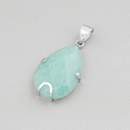 Pendant of 925 Silver and Semi-precious Stones, Faceted Flat Drop 20x30mm - Aventurine