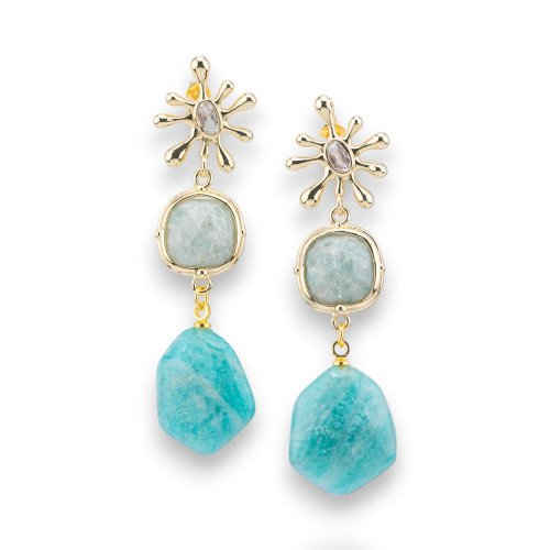 Boucles D'oreilles Puces En Bronze Avec Yeux De Chat Et Pendentif Pierre D'amazonite Dure