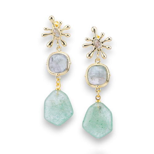 Bronze Cat Eye Stud Earrings with Green Golden Gemstone Pendant