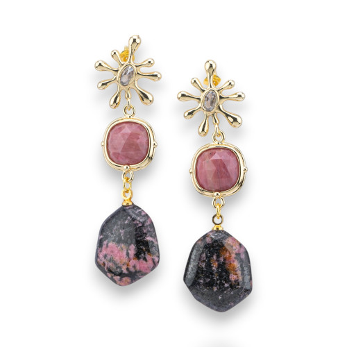 Bronze Cat Eye Stud Earrings with Rhodonite Gemstone Pendant