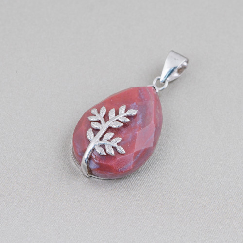 Pendentif en Argent 925 et Pierres Semi-précieuses Goutte Plate Facette 20x32mm Agate Rouge Indienne