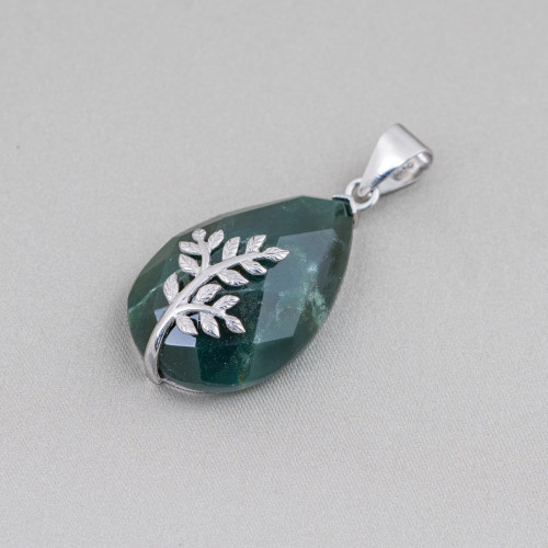 Pendant of 925 Silver and Semi-precious Stones Faceted Flat Drop 20x32mm Moss Agate