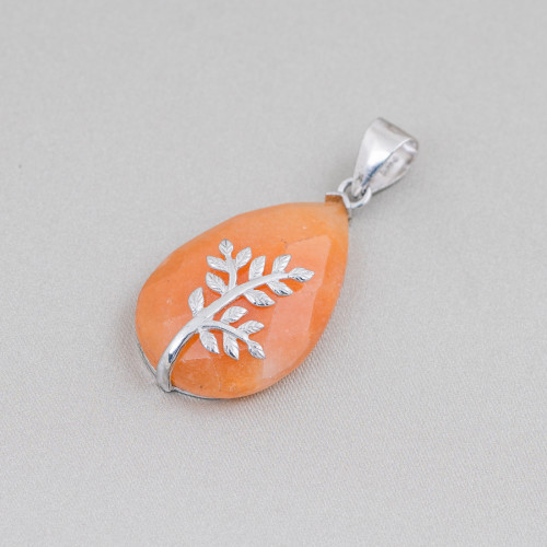 Pendant of 925 Silver and Semi-precious Stones Faceted Flat Drop 20x32mm Red Aventurine (Eosite)