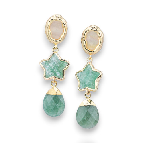 Pendientes de bronce con elemento estrella de piedras duras y colgante de gota dorada de aventurina verde