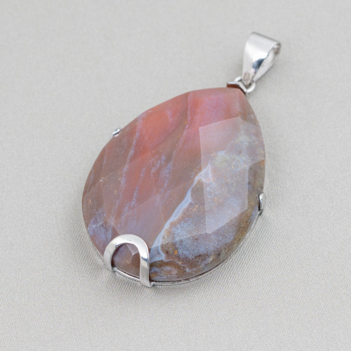 Pendant of 925 Silver and Semi-precious Stones Faceted Flat Drop 30x40mm - Indian Agate