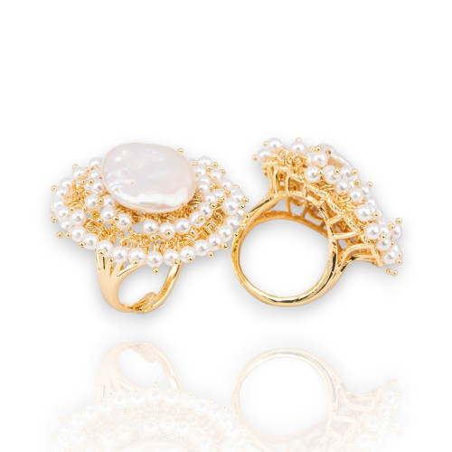 Χάλκινο δαχτυλίδι με χάντρες και μαργαριτάρια γλυκού νερού 30x32mm Ρυθμιζόμενο μέγεθος Λευκό Χρυσό