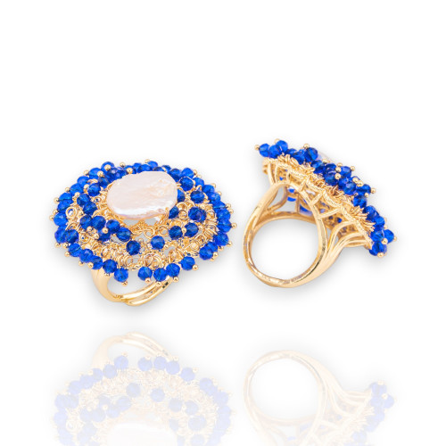 Χάλκινο δαχτυλίδι με χάντρες και μαργαριτάρια γλυκού νερού 30x32mm Ρυθμιζόμενο μέγεθος Χρυσό Μπλε