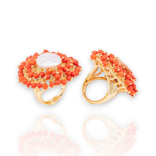 Bague Bronze Avec Perles Et Perles D'eau Douce 30x32mm Taille Ajustable Bambou Corail Doré