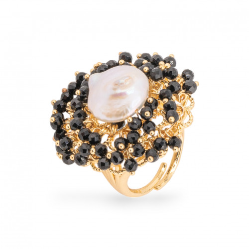 Bronze Ring With Beads And Freshwater Pearls 30x32mm Adjustable Size Golden Black