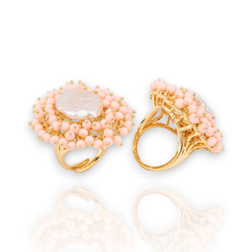 Bronze Ring With Beads And Freshwater Pearls 30x32mm Adjustable Size Golden Pink Coral Paste