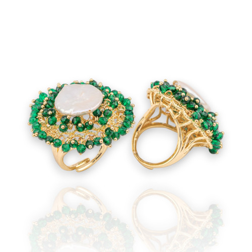 Χάλκινο δαχτυλίδι με χάντρες και μαργαριτάρια γλυκού νερού 30x32mm Ρυθμιζόμενο μέγεθος Χρυσό Σμαραγδένιο Πράσινο