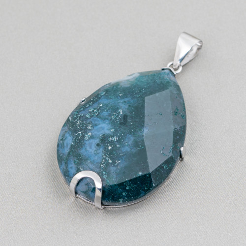 Pendentif en Argent 925 et Pierres Semi-précieuses Goutte Plate Facette 30x40mm - Agate Mousse