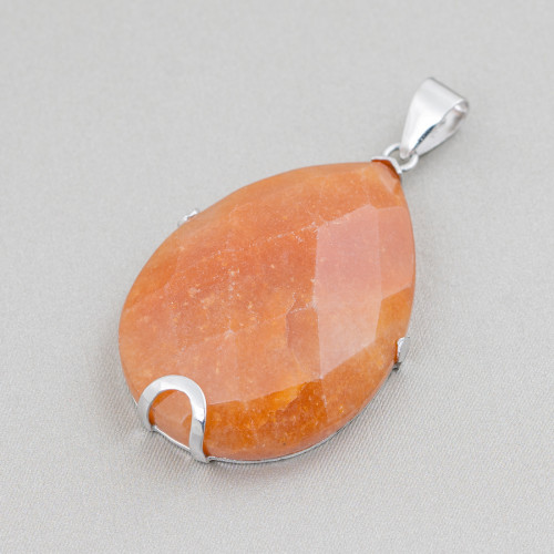 Pendant of 925 Silver and Semi-precious Stones, Faceted Flat Drop 30x40mm - Red Aventurine (Eosite)