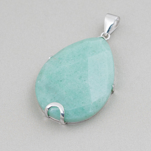 Pendant of 925 Silver and Semi-precious Stones, Faceted Flat Drop 30x40mm - Green Aventurine