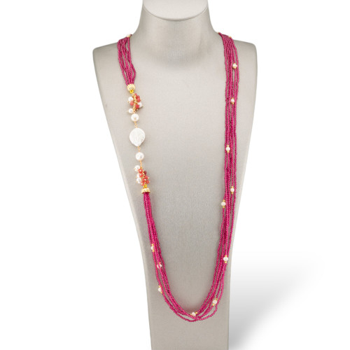 Collana Bijoux Con Pietre Dure, Zirconi Diamond Cut a 6 Fili, Perle Di Fiume Barocche 90cm Rosso Ruby