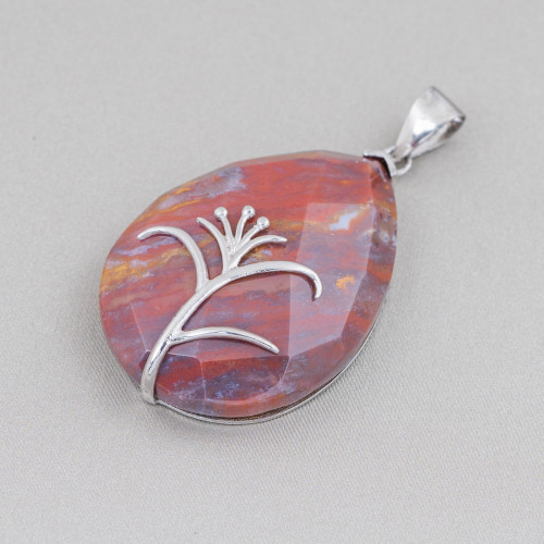 Pendant of 925 Silver and Semi-precious Stones Faceted Flat Drop 30x42mm Red Indian Agate