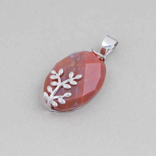 Pendentif en Argent 925 et Pierres Semi-précieuses Ovale Plat Facetté 20x32mm Agate Rouge Indienne