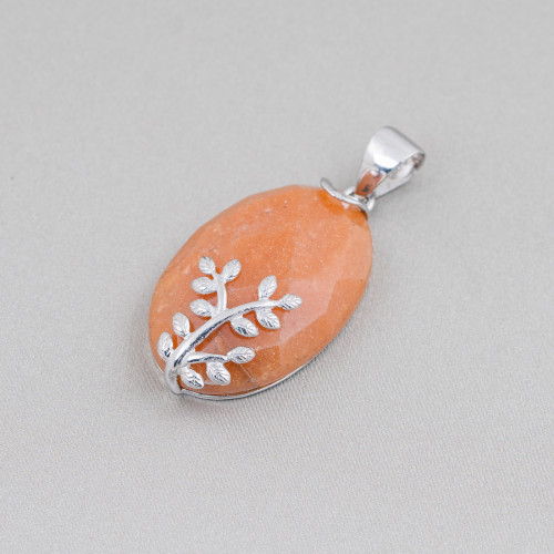 Pendant of 925 Silver and Semiprecious Stones Oval Flat Faceted 20x32mm Red Aventurine (Eosite)