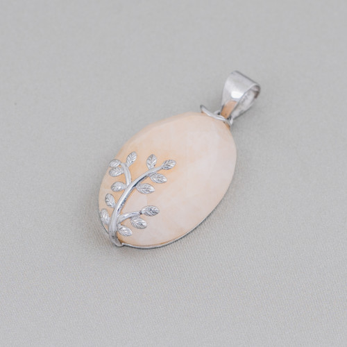 Pendentif en Argent 925 et Pierres Semi-précieuses Ovale Plat Facette 20x32mm Calcite