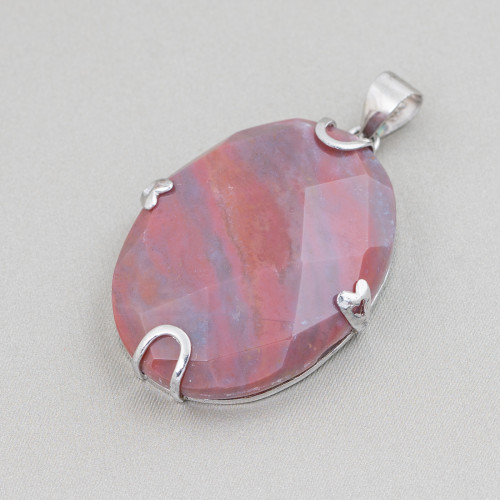 Pendant of 925 Silver and Semiprecious Stones Oval Flat Faceted 30x40mm Red Indian Agate