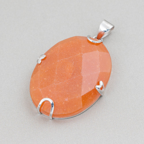 Pendant of 925 Silver and Semiprecious Stones Oval Flat Faceted 30x40mm Red Aventurine (Eosite)