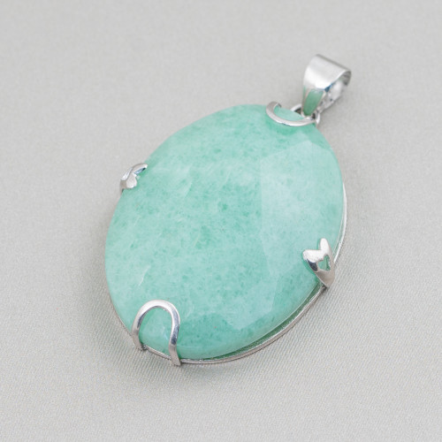 Pendant of 925 Silver and Semiprecious Stones Oval Flat Faceted 30x40mm Green Aventurine