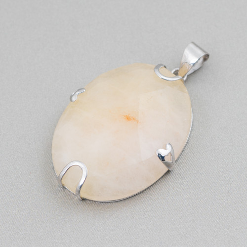 Pendant of 925 Silver and Semiprecious Stones Oval Flat Faceted 30x40mm Calcite