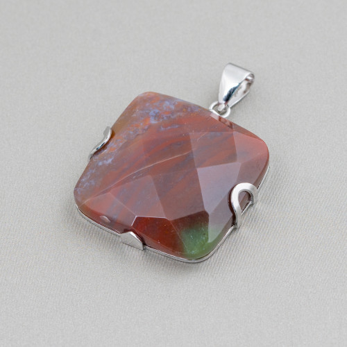 Pendant of 925 Silver and Semiprecious Stones Flat Square Faceted 30mm - Indian Agate