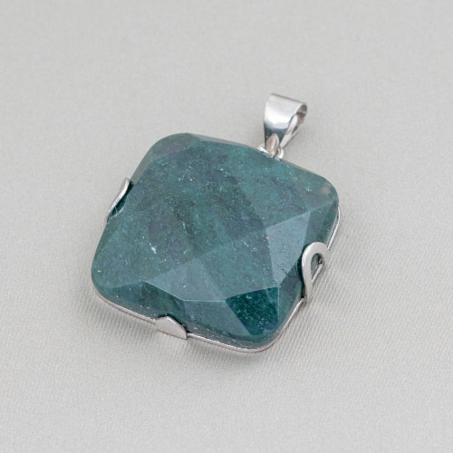 925 Silver and Semiprecious Stones Pendant Flat Square Faceted 30mm - Moss Agate
