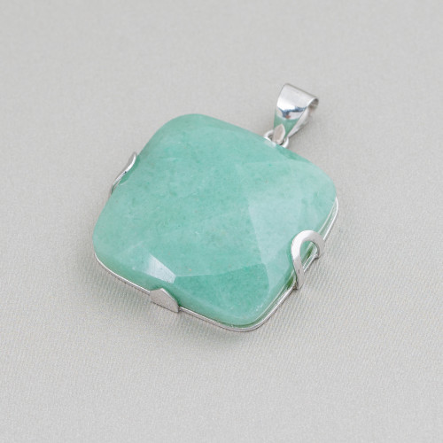 Pendant of 925 Silver and Semiprecious Stones Flat Square Faceted 30mm - Green Aventurine