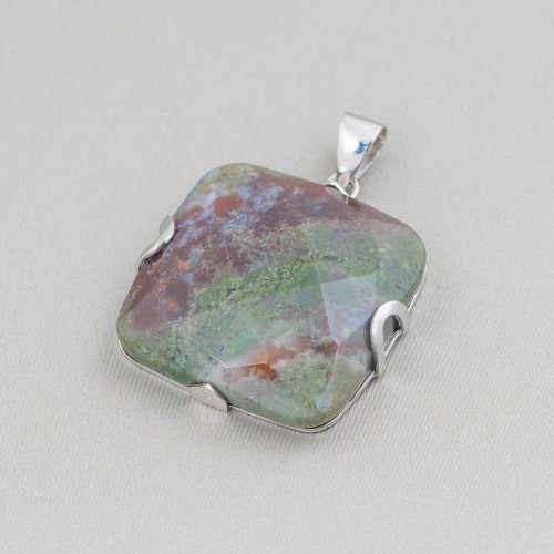 Pendant of 925 Silver and Semiprecious Stones Flat Square Faceted 30mm - Indian Agate