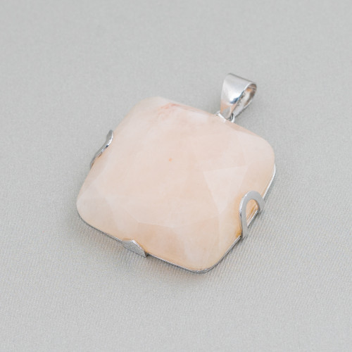 Pendant of 925 Silver and Semiprecious Stones Flat Square Faceted 30mm - Calcite