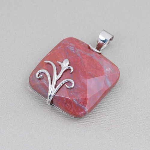 Pendant of 925 Silver and Semiprecious Stones Flat Square Faceted 30mm Mod2 Red Indian Agate