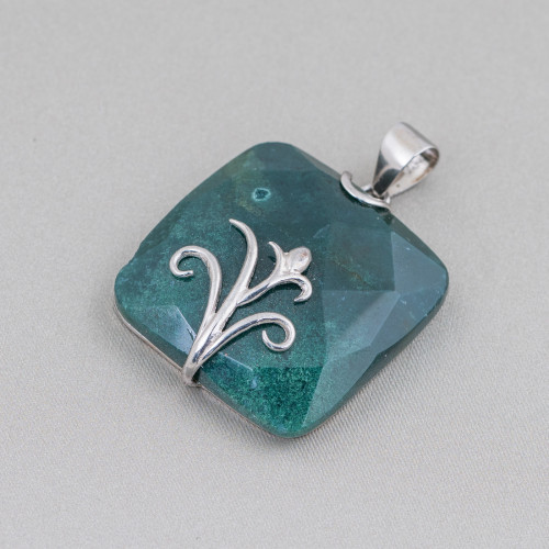 Pendant of 925 Silver and Semiprecious Stones Flat Square Faceted 30mm Mod2 Moss Agate