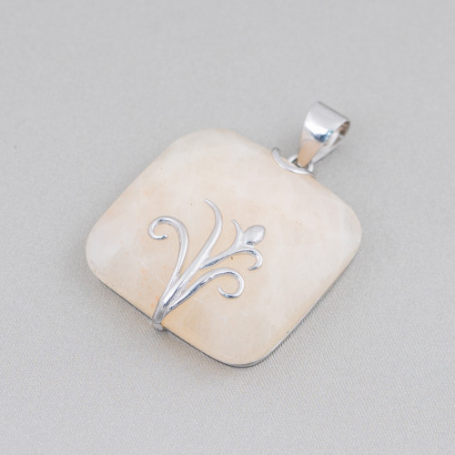 Pendentif en Argent 925 et Pierres Semi-précieuses Carré Plat Facetté 30mm Mod2 Calcite