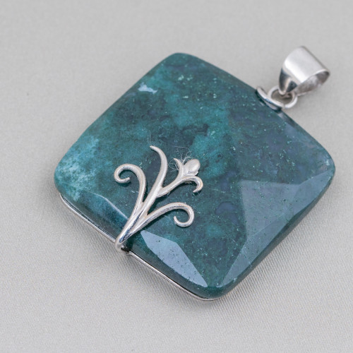 Pendant of 925 Silver and Semiprecious Stones Flat Square Faceted 40mm Moss Agate