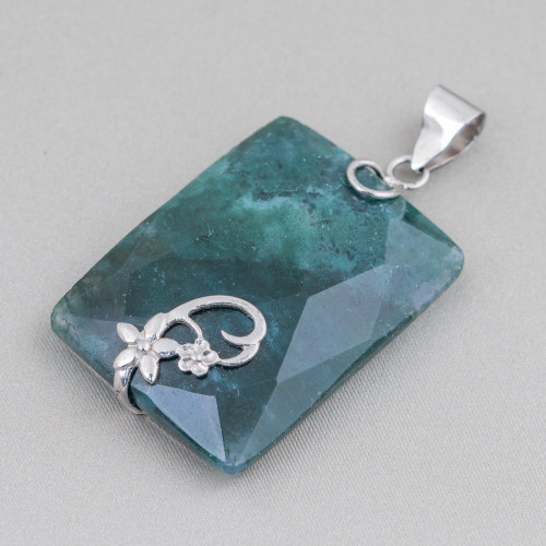 Pendant of 925 Silver and Semi-precious Stones Faceted Flat Rectangle 30x42mm