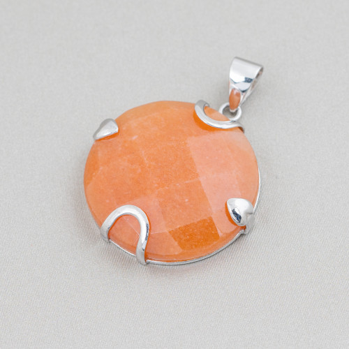 925 Silver and Semiprecious Stones Pendant Round Flat Faceted 30mm - Red Aventurine (Eosite)