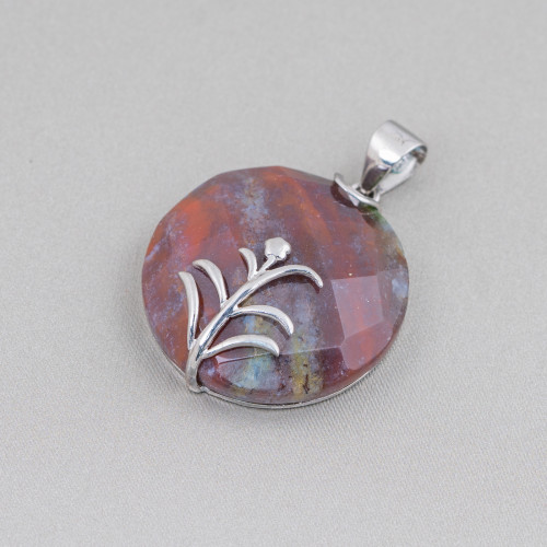 Pendentif Argent 925 et Pierres Semi-précieuses Rond Plat Facetté 30mm Agate Indienne