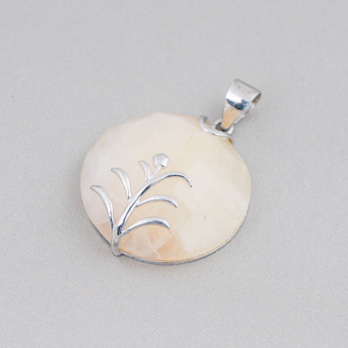 Pendant of 925 Silver and Semiprecious Stones Round Flat Faceted 30mm Calcite