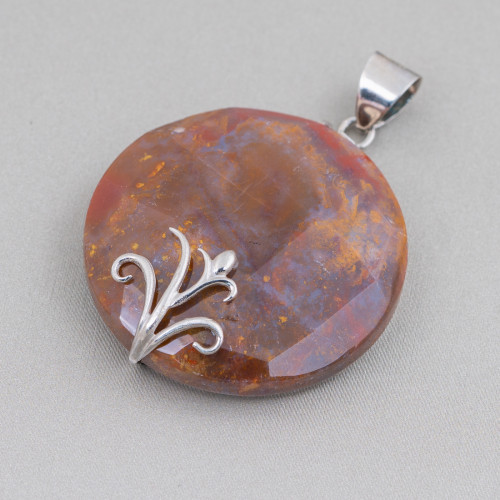 Pendentif Argent 925 et Pierres Semi-précieuses Rond Plat Facetté 40mm - Agate Indienne