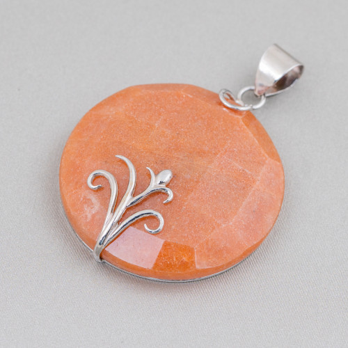 925 Silver and Semiprecious Stones Pendant Round Flat Faceted 40mm - Red Aventurine (Eosite)