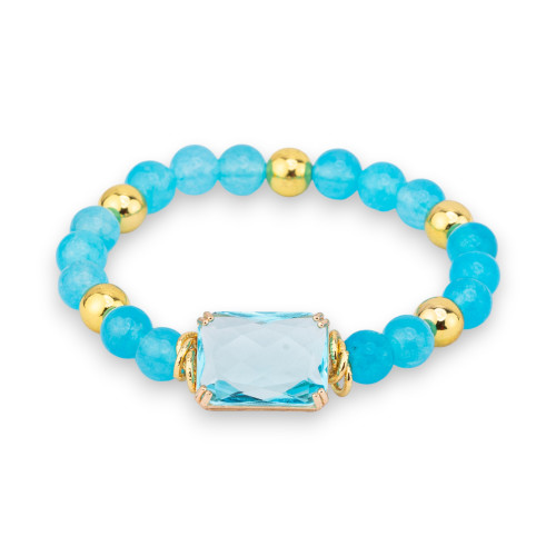 Elastic Bracelet Made of Semi-precious Stones 08mm with Hematite and Central Crystal Cabochon 15x20mm Light Blue