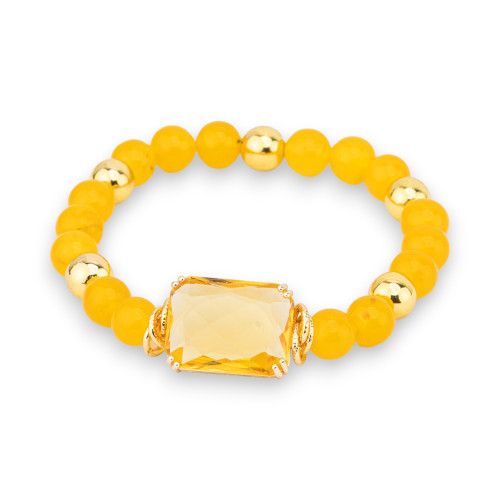 Elastic Bracelet of Semi-precious Stones 08mm with Hematite and Central Crystal Cabochon 15x20mm Yellow