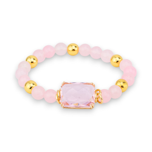 Elastic Bracelet of Semi-precious Stones 08mm with Hematite and Central Crystal Cabochon 15x20mm Pink
