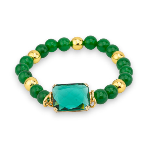 Elastic Bracelet of Semi-precious Stones 08mm with Hematite and Central Crystal Cabochon 15x20mm Green