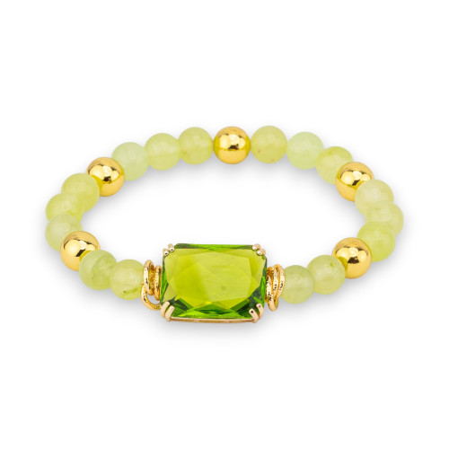 Elastic Bracelet of Semi-precious Stones 08mm with Hematite and Central Crystal Cabochon 15x20mm Acid Green